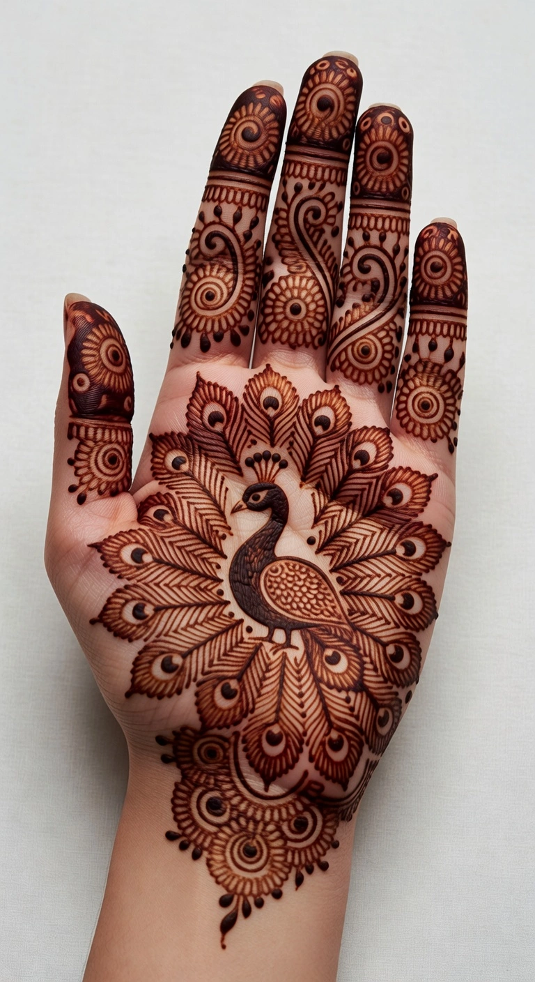 Modern front hand mehndi design with elegant floral henna patterns