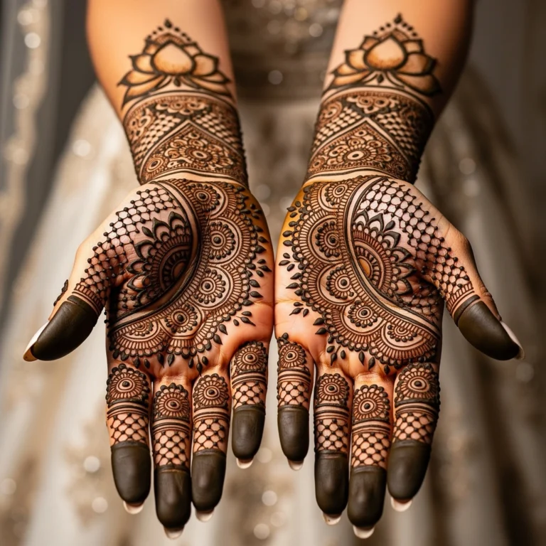 Stylish full hand front mehndi design showcasing decorative floral henna artwork