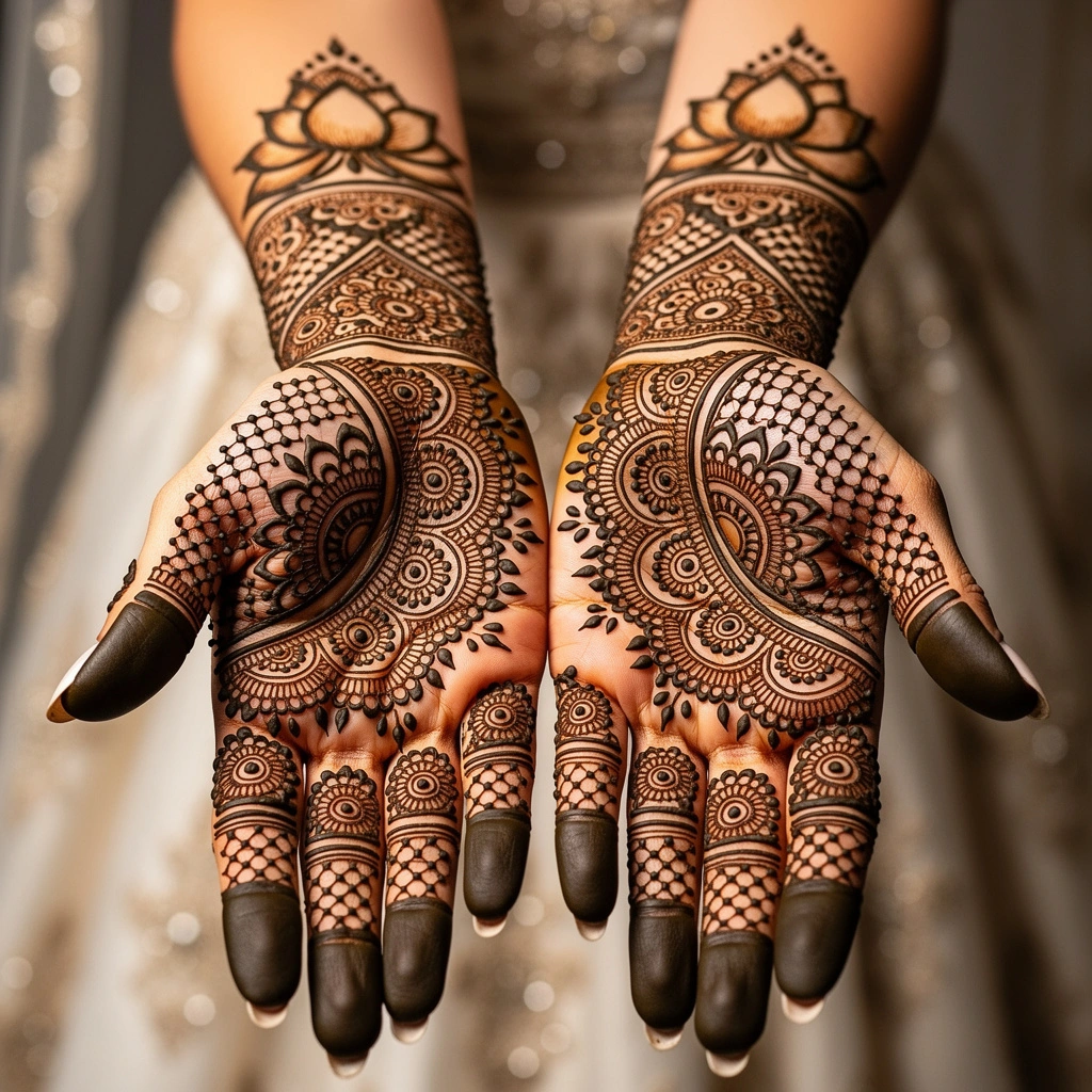 Stylish full hand front mehndi design showcasing decorative floral henna artwork