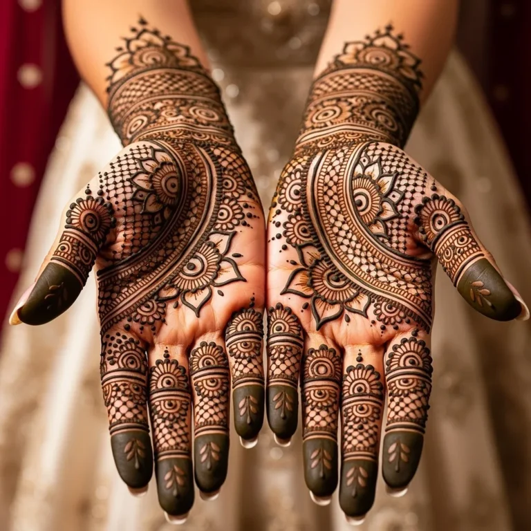 Beautiful front hand mehndi design for ladies featuring intricate floral henna artwork