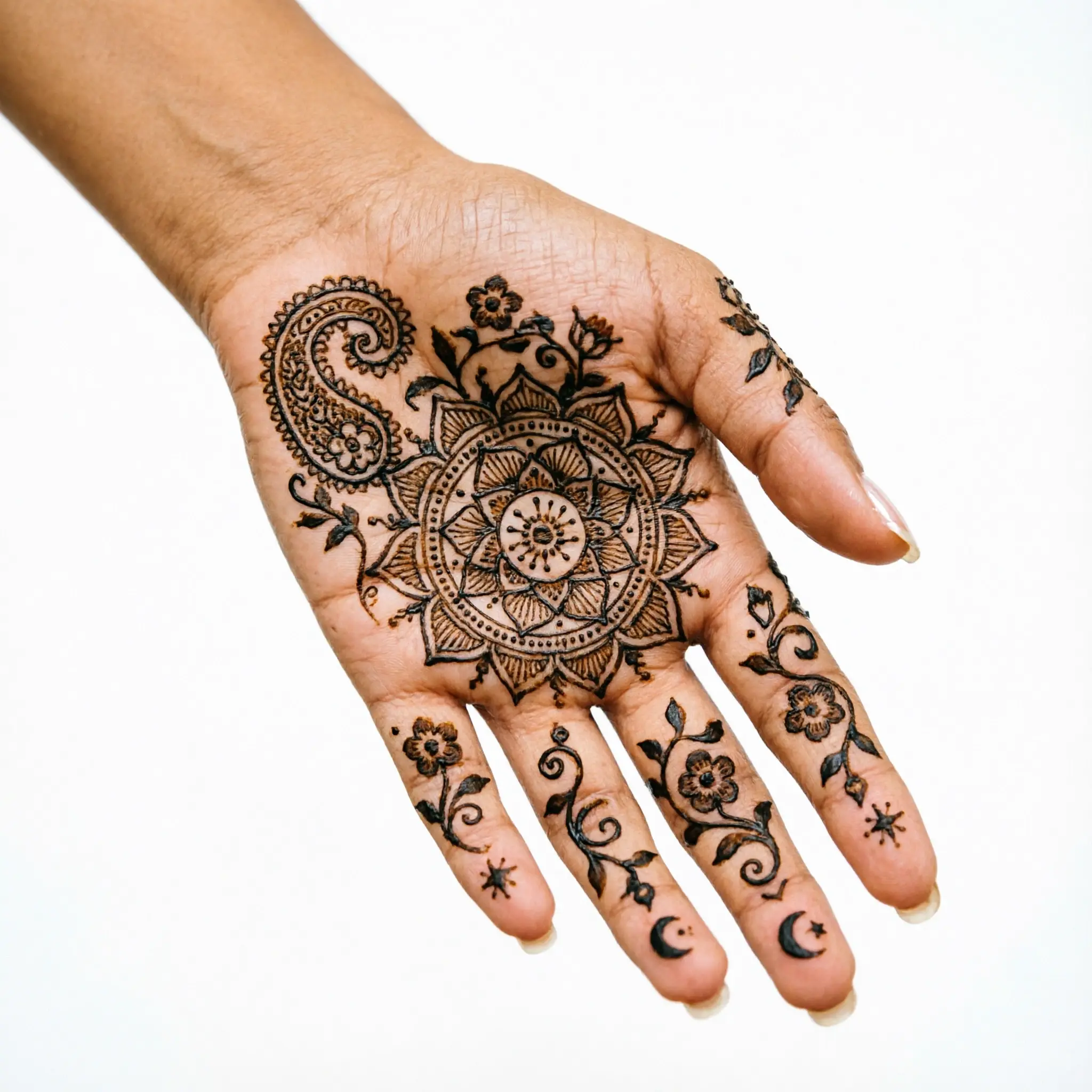 Beautiful front hand mehndi design featuring intricate leaf pattern henna details