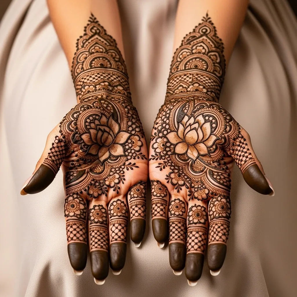 Beautiful luxury front hand mehndi design featuring intricate front palm henna patterns