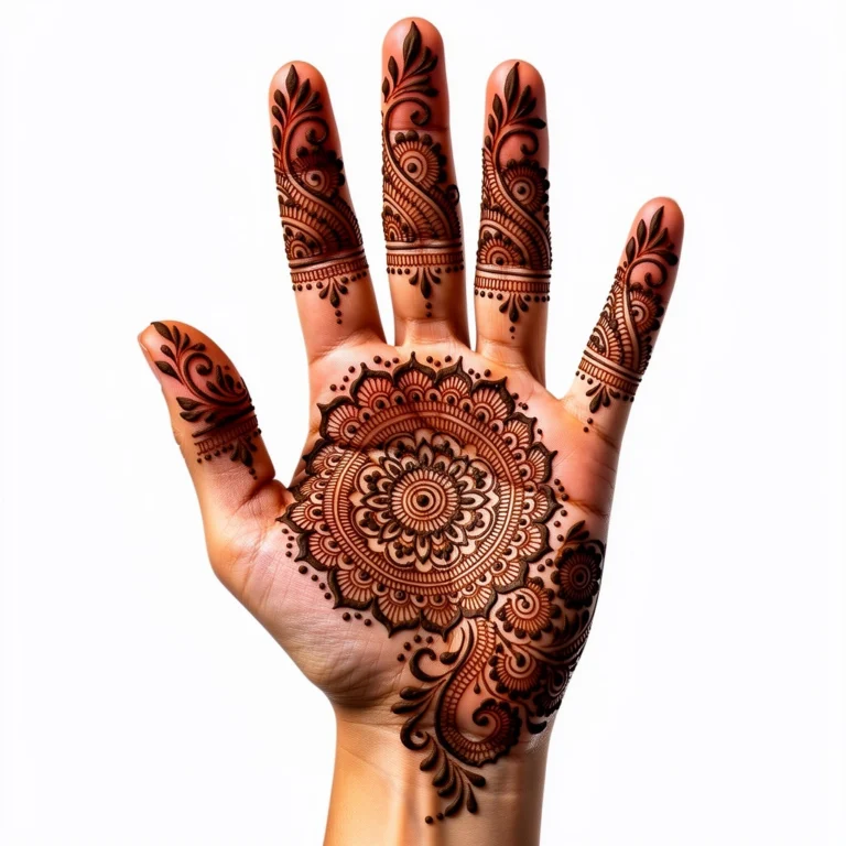 Beautiful front hand mandala mehndi design featuring intricate geometric henna patterns