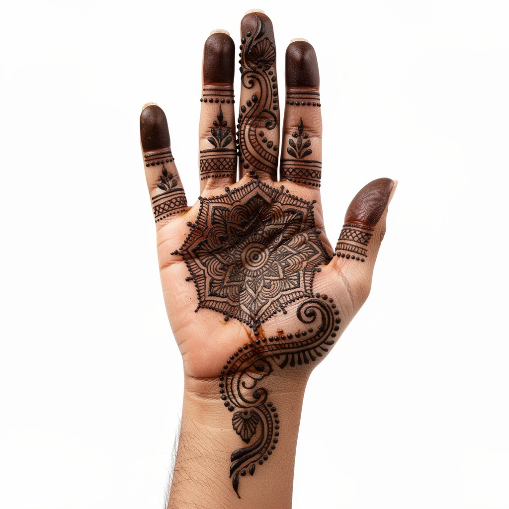 Stylish front hand henna design showcasing artistic floral and ornamental mehndi artwork