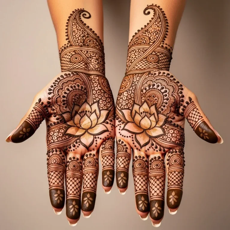 Modern front hand mehndi design with elegant floral henna patterns