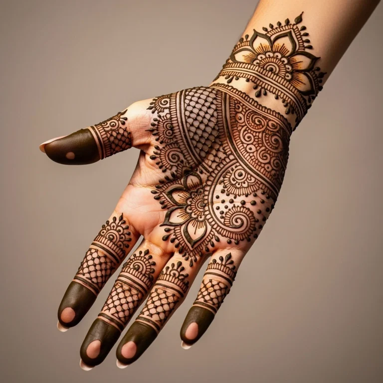 Latest modern bridal front hand mehndi design with floral and paisley henna patterns