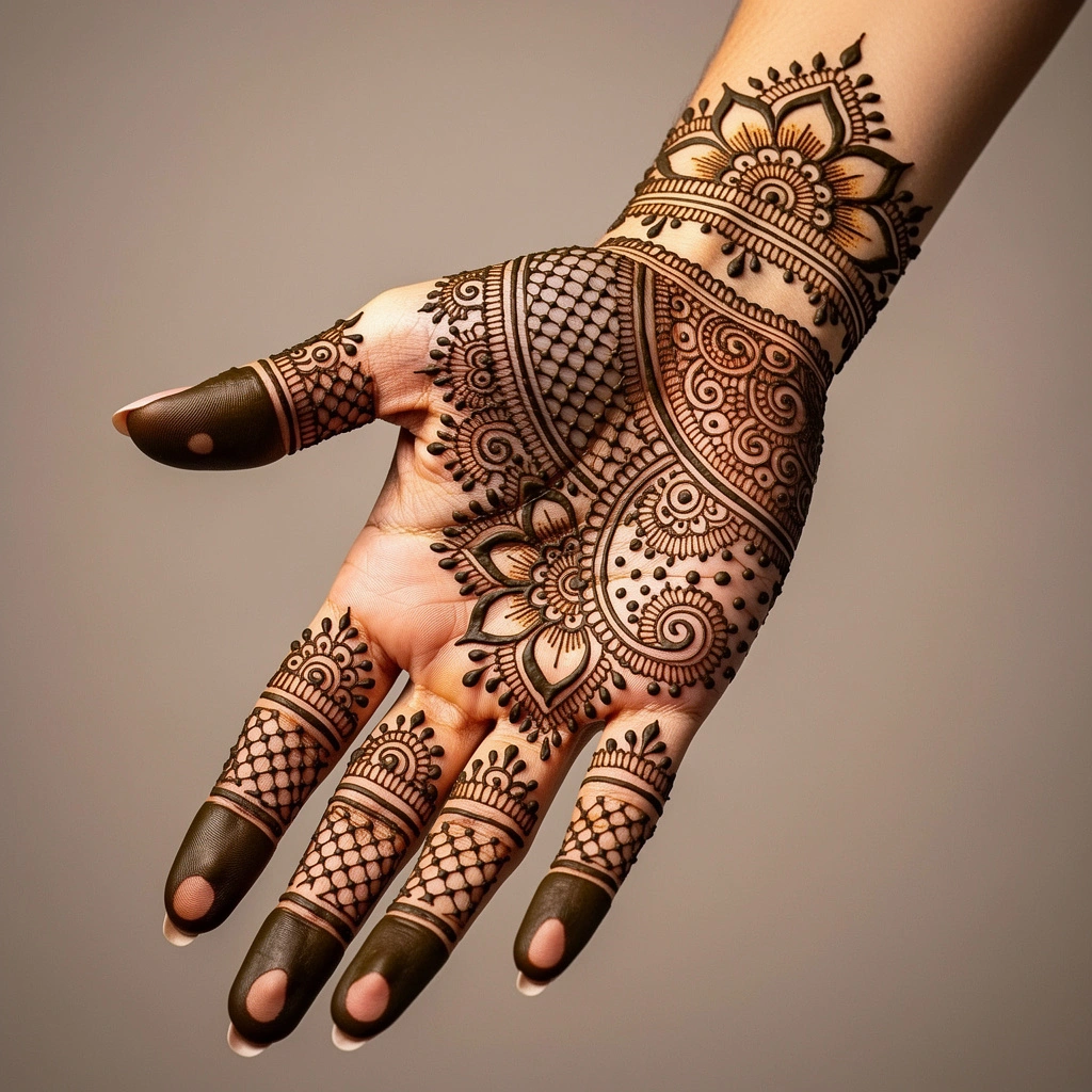 Latest modern bridal front hand mehndi design with floral and paisley henna patterns