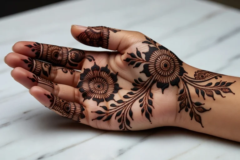 Beautiful front hand mehndi design featuring modern floral henna artwork