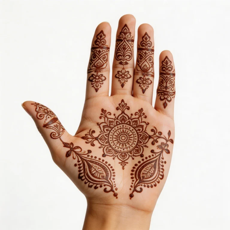 Front hand palm pattern mehndi design with elegant floral henna artwork