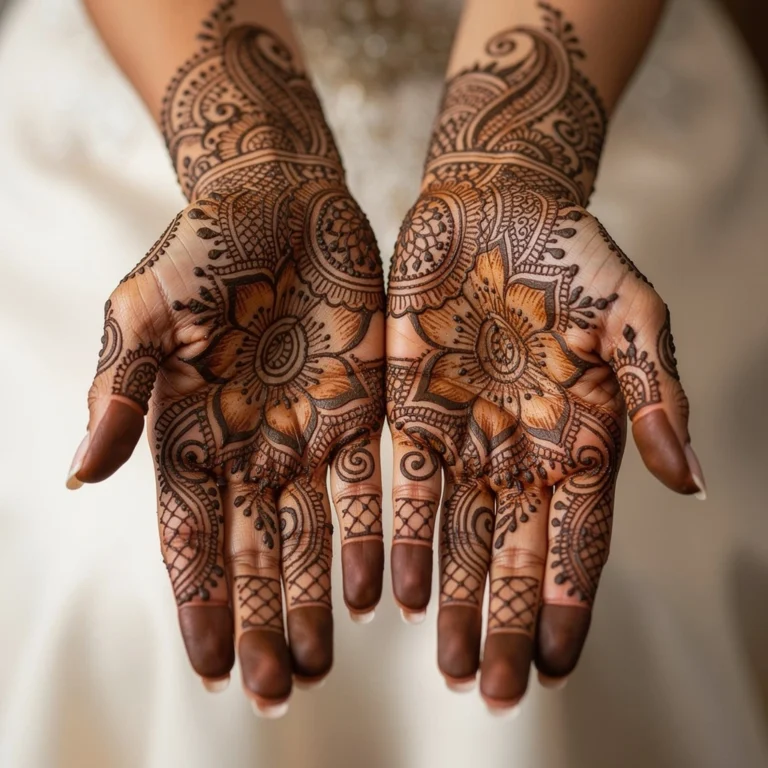 Front hand party look mehndi design with elegant floral henna patterns