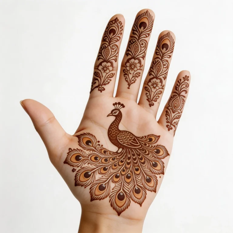 Front hand peacock pattern mehndi design with elegant floral henna artwork