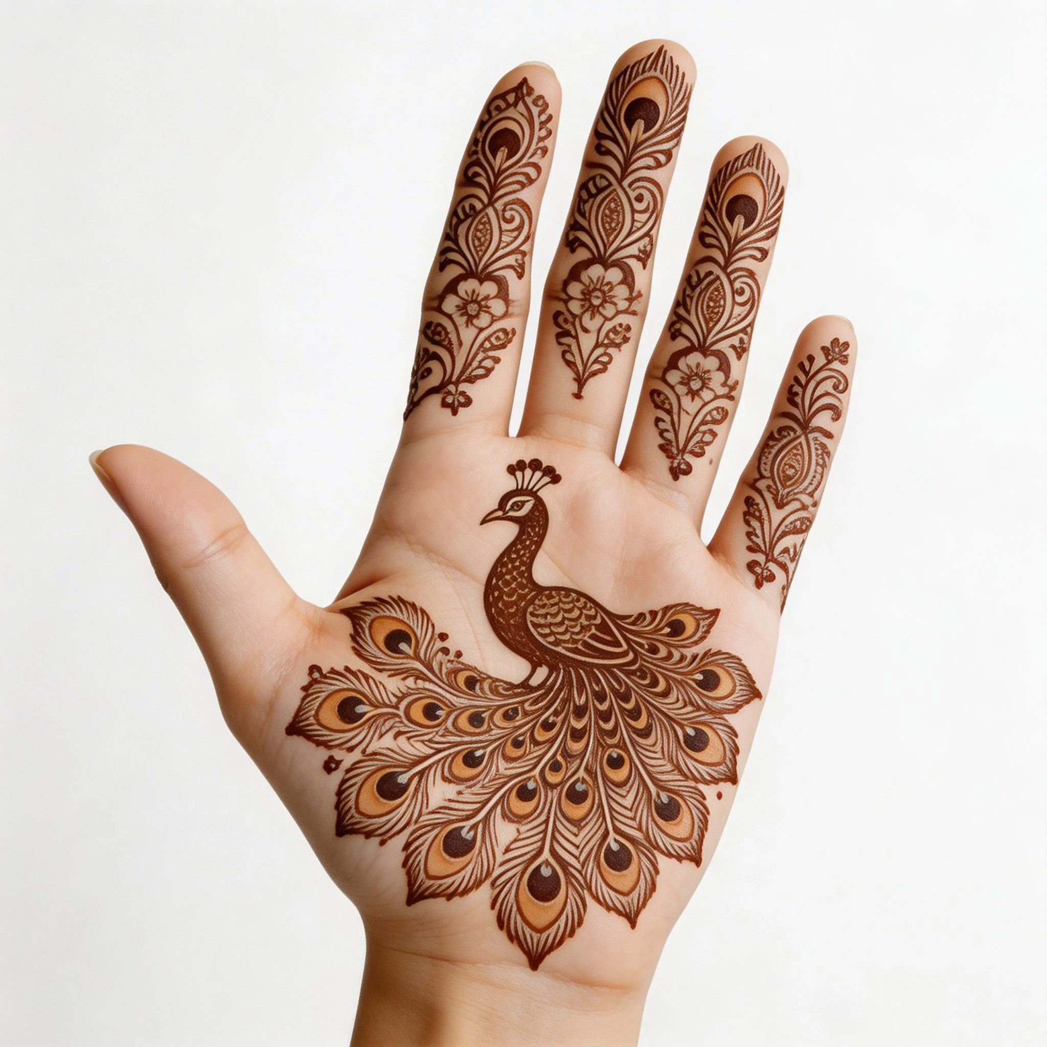 Front hand peacock pattern mehndi design with elegant floral henna artwork
