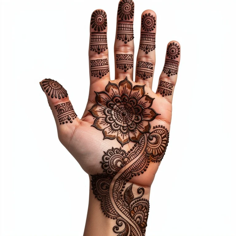 Front hand rose pattern mehndi design with elegant floral henna artwork