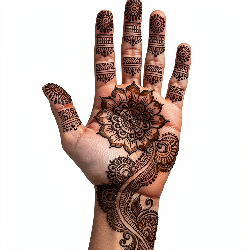 Front hand rose pattern mehndi design with elegant floral henna artwork