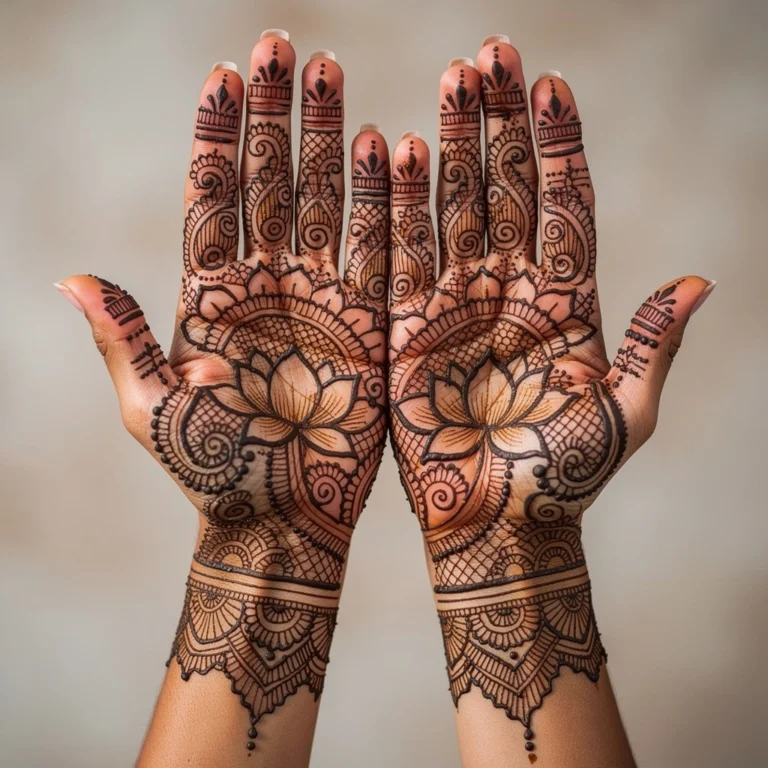 Beautiful royal front hand mehndi design featuring intricate front palm henna artwork