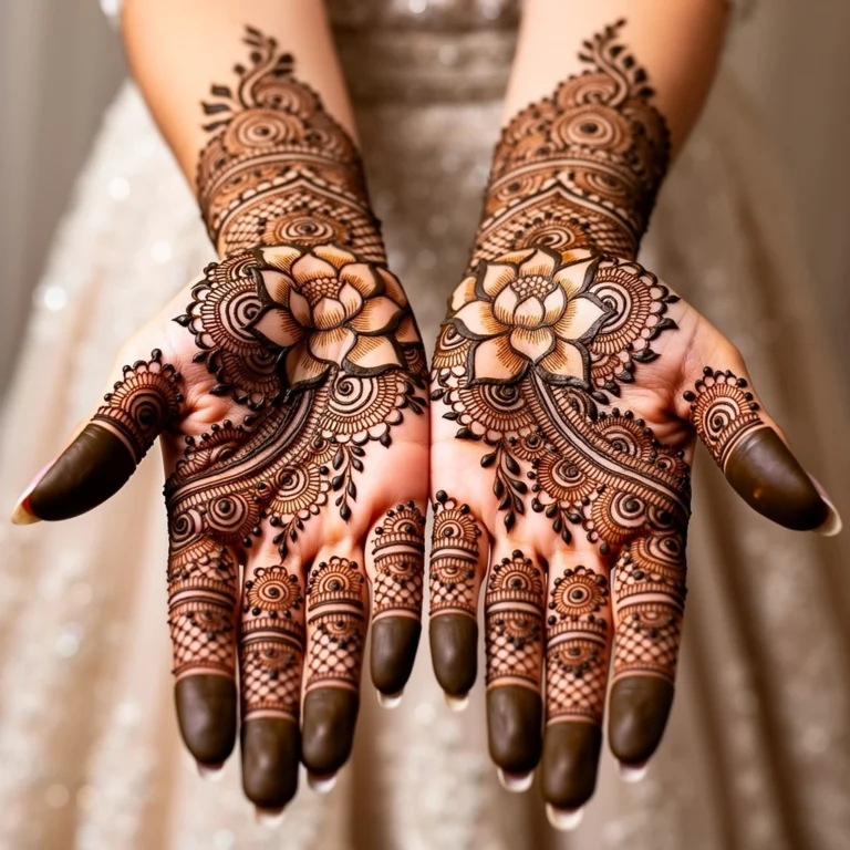 Easy bridal front hand mehndi design with delicate floral and paisley henna patterns