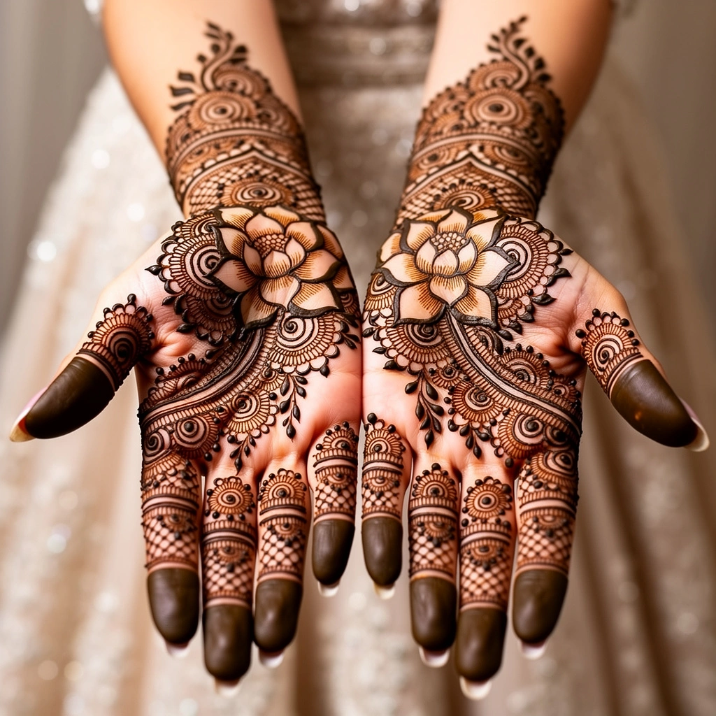 Easy bridal front hand mehndi design with delicate floral and paisley henna patterns