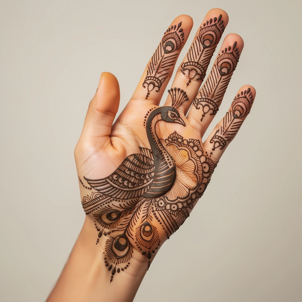 Front hand mehndi design with smooth curves and elegant floral henna patterns