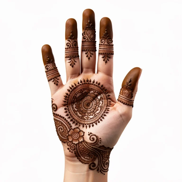 Stylish front hand mehndi design with elegant floral henna patterns