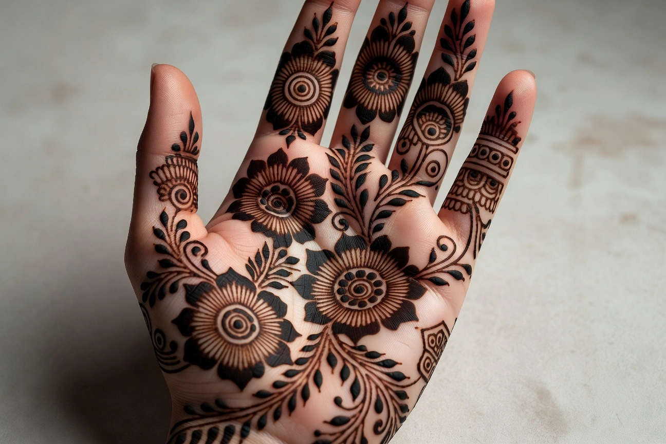 Stylish floral front hand mehndi design with elegant flower henna patterns