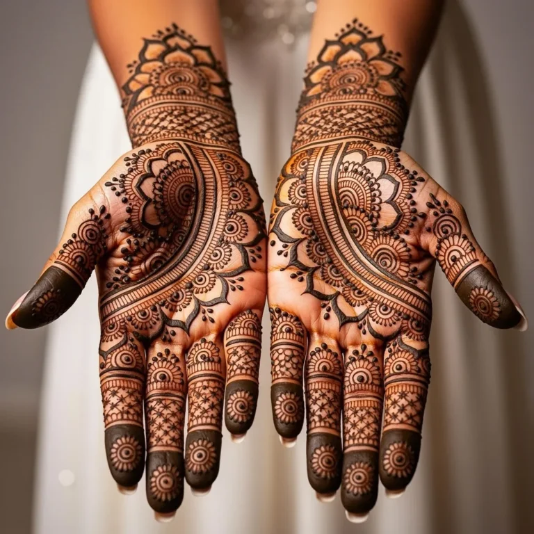 Traditional look front hand mehndi design with elegant floral henna patterns