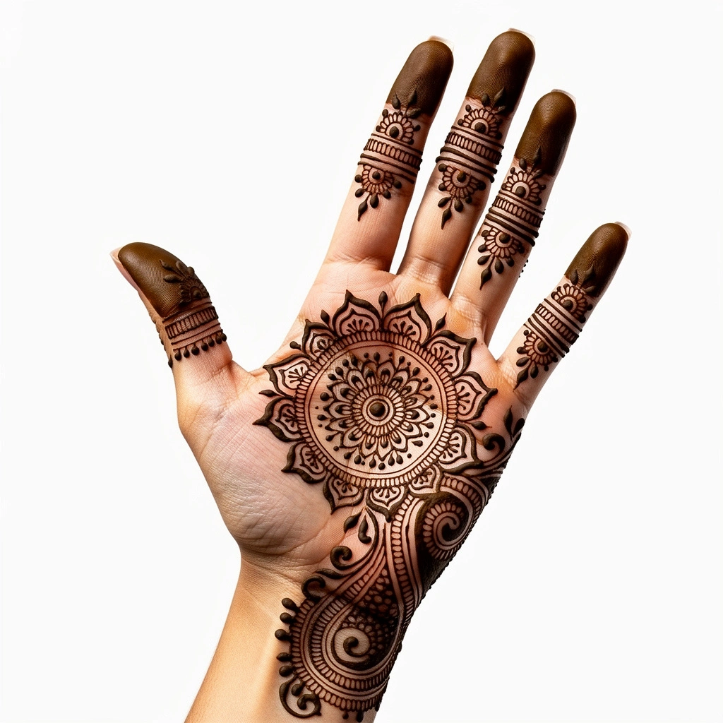 Front hand vine pattern mehndi design with elegant floral henna artwork