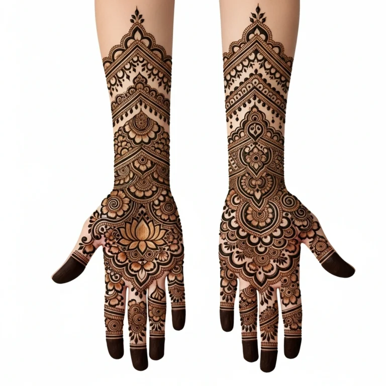 Beautiful full hand Arabic mehndi design featuring intricate floral artwork