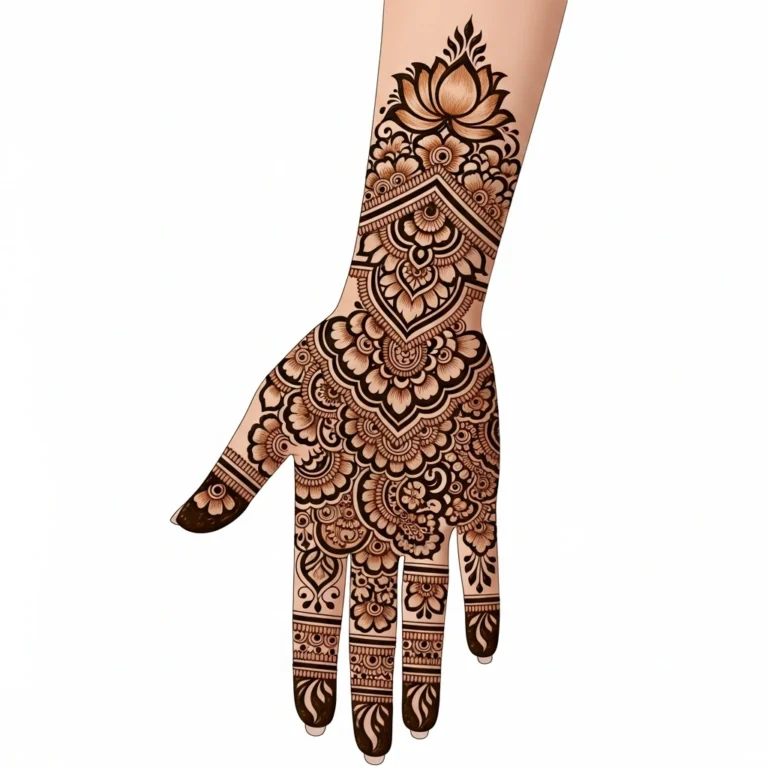 Beautiful full hand Arabic mehndi design featuring graceful and detailed henna artwork