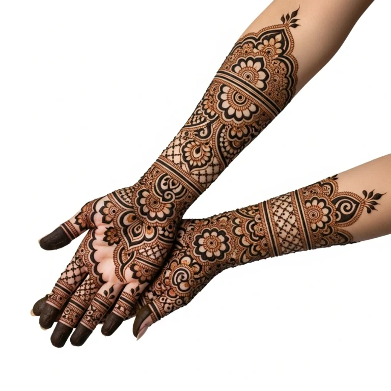 Beautiful full hand mehndi design with intricate floral henna patterns