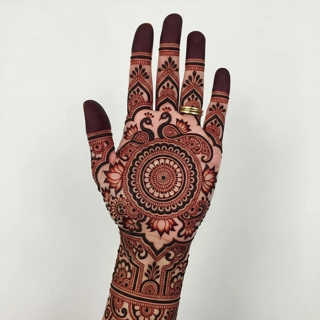 Bridal full hand mehndi design with intricate floral henna patterns