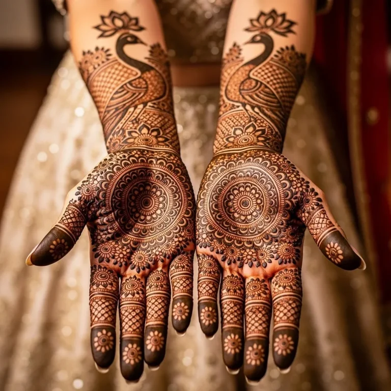 Beautiful full hand bridal mehndi design featuring intricate peacock henna motifs