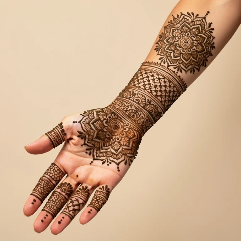 Complete bridal full hand mehndi design with intricate floral henna patterns