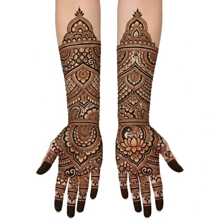 Beautiful full hand designer bridal mehndi design featuring elegant wedding henna artwork