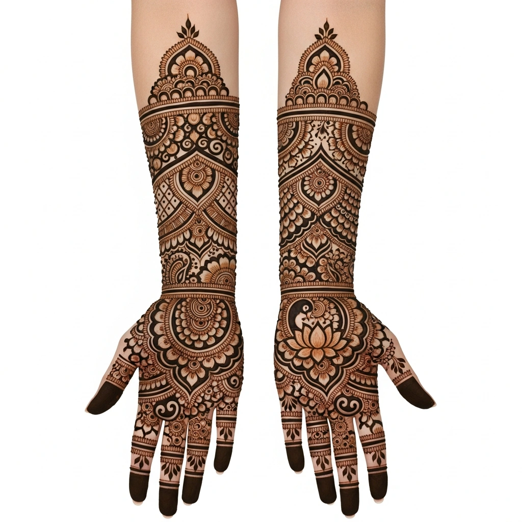 Beautiful full hand designer bridal mehndi design featuring elegant wedding henna artwork