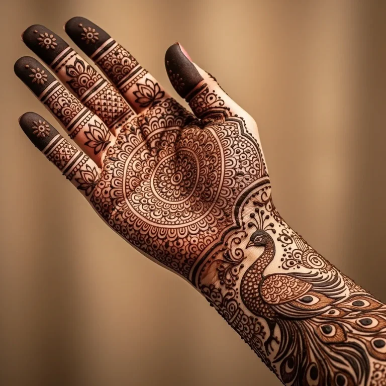 Elegant full hand mehndi design with intricate floral henna patterns