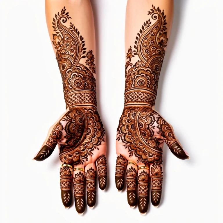 Full hand mehndi design with elegant floral and decorative henna patterns