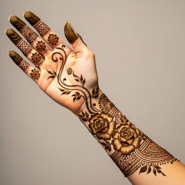 Beautiful full hand mehndi design featuring an elegant rose chain and intricate henna artwork