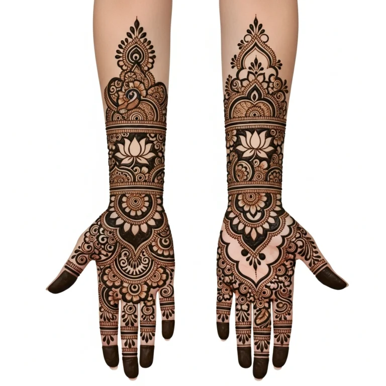 Beautiful full hand mehndi design featuring exquisite decorative henna artwork