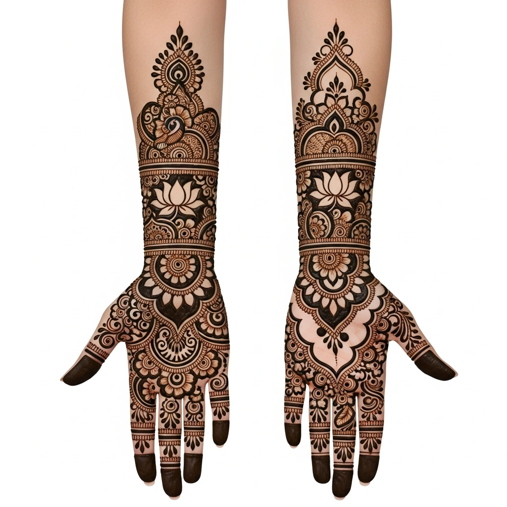 Beautiful full hand mehndi design featuring exquisite decorative henna artwork