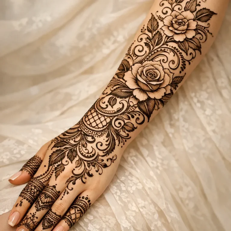 Full hand floral mehndi design with intricate flower henna patterns