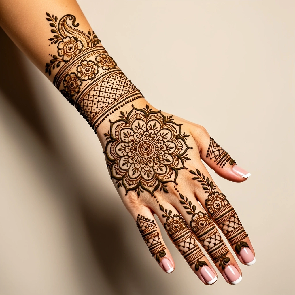 Traditional full hand bridal henna design showcasing graceful floral wedding patterns