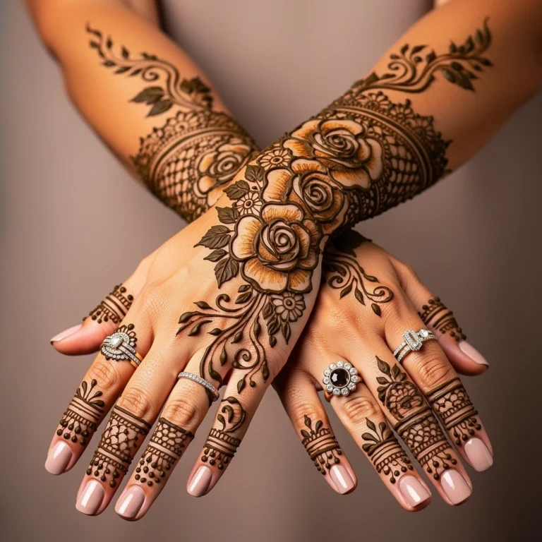 Beautiful full hand mehndi design featuring a floral rose chain and intricate henna artwork