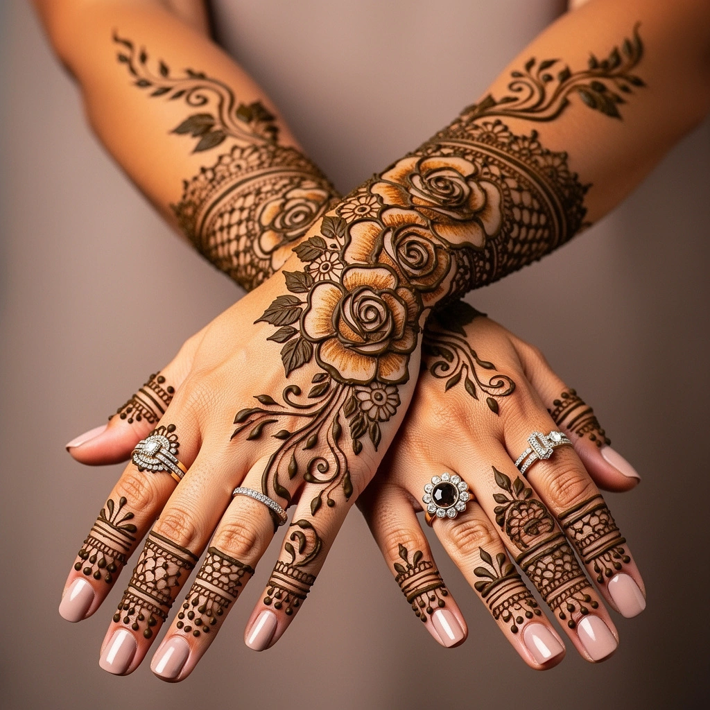Beautiful full hand mehndi design featuring a floral rose chain and intricate henna artwork