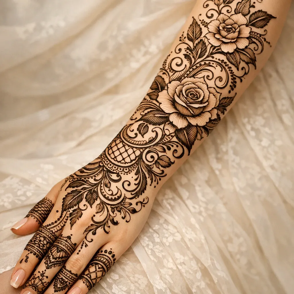 Full hand floral mehndi design with intricate flower henna patterns