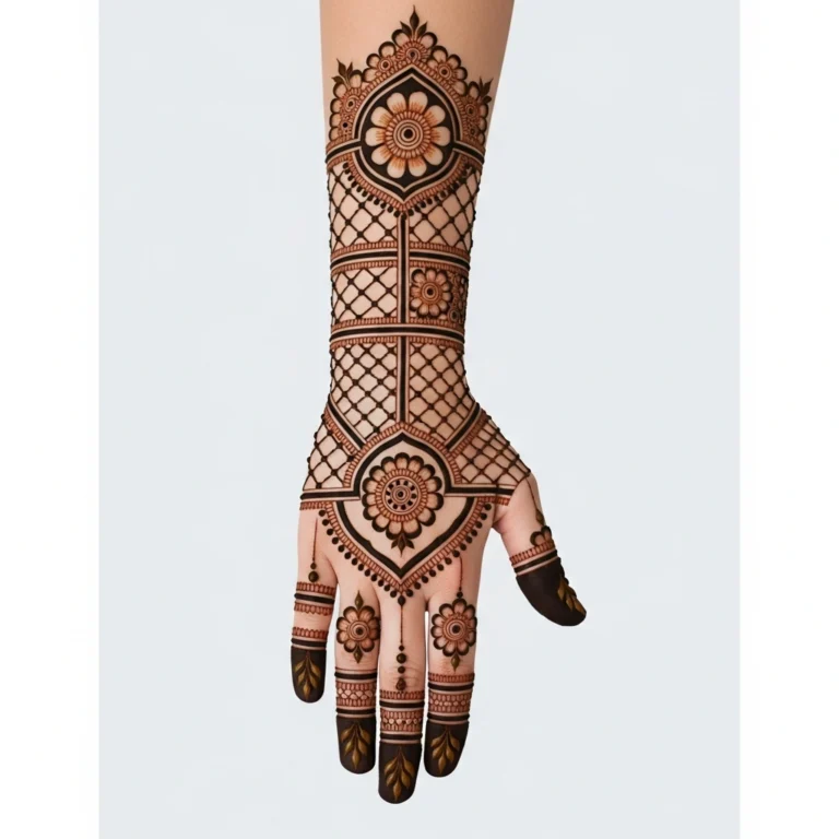 Full arm bridal mehndi design with elegant full hand floral henna artwork