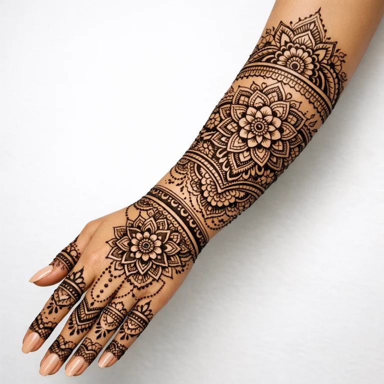 Full hand full arm mehndi design with elegant floral henna patterns