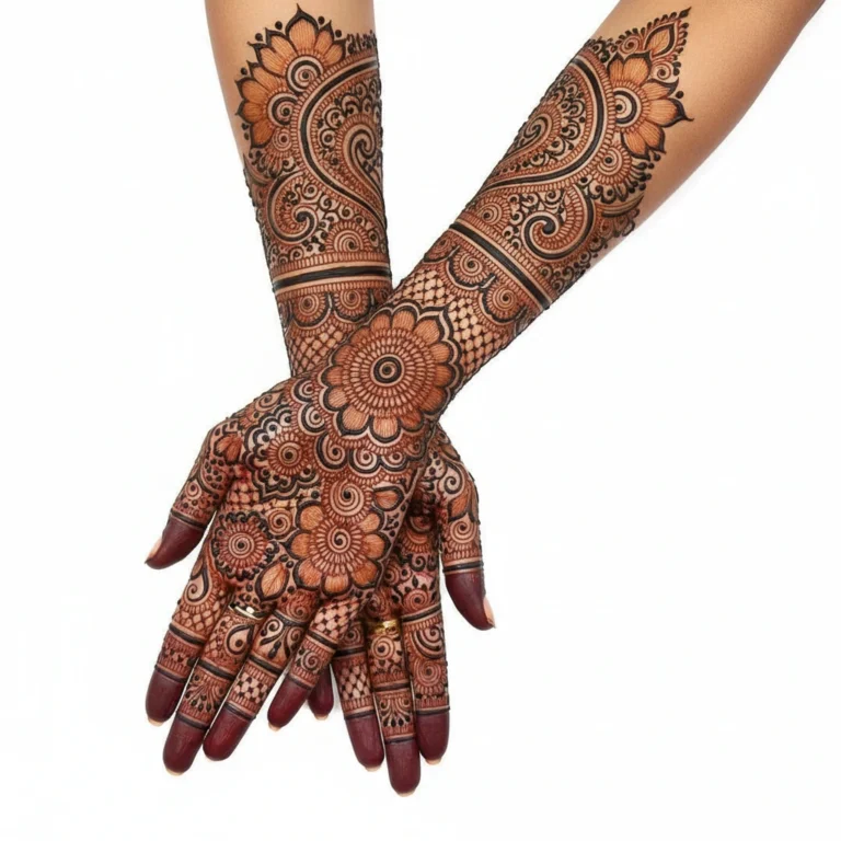 Full hand full coverage mehndi design with elegant floral henna patterns