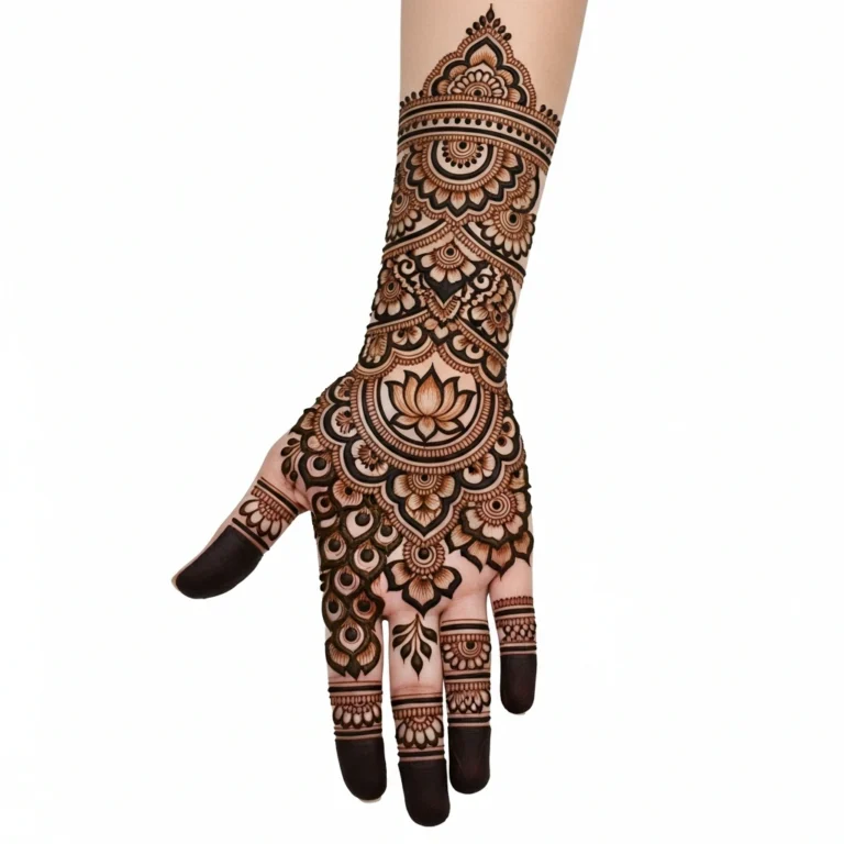 Heavy full hand mehndi design 2026 with intricate floral henna patterns