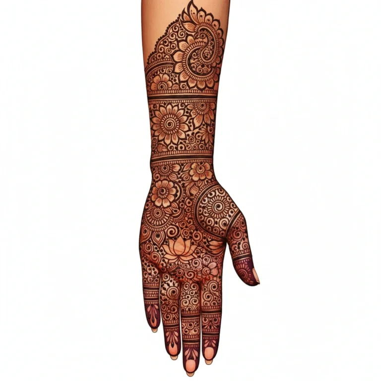 Traditional heavy Arabic henna design showcasing full hand ornamental floral motifs