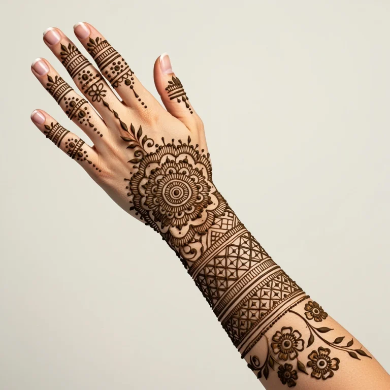 Heavy bridal full hand mehndi design with intricate floral henna patterns